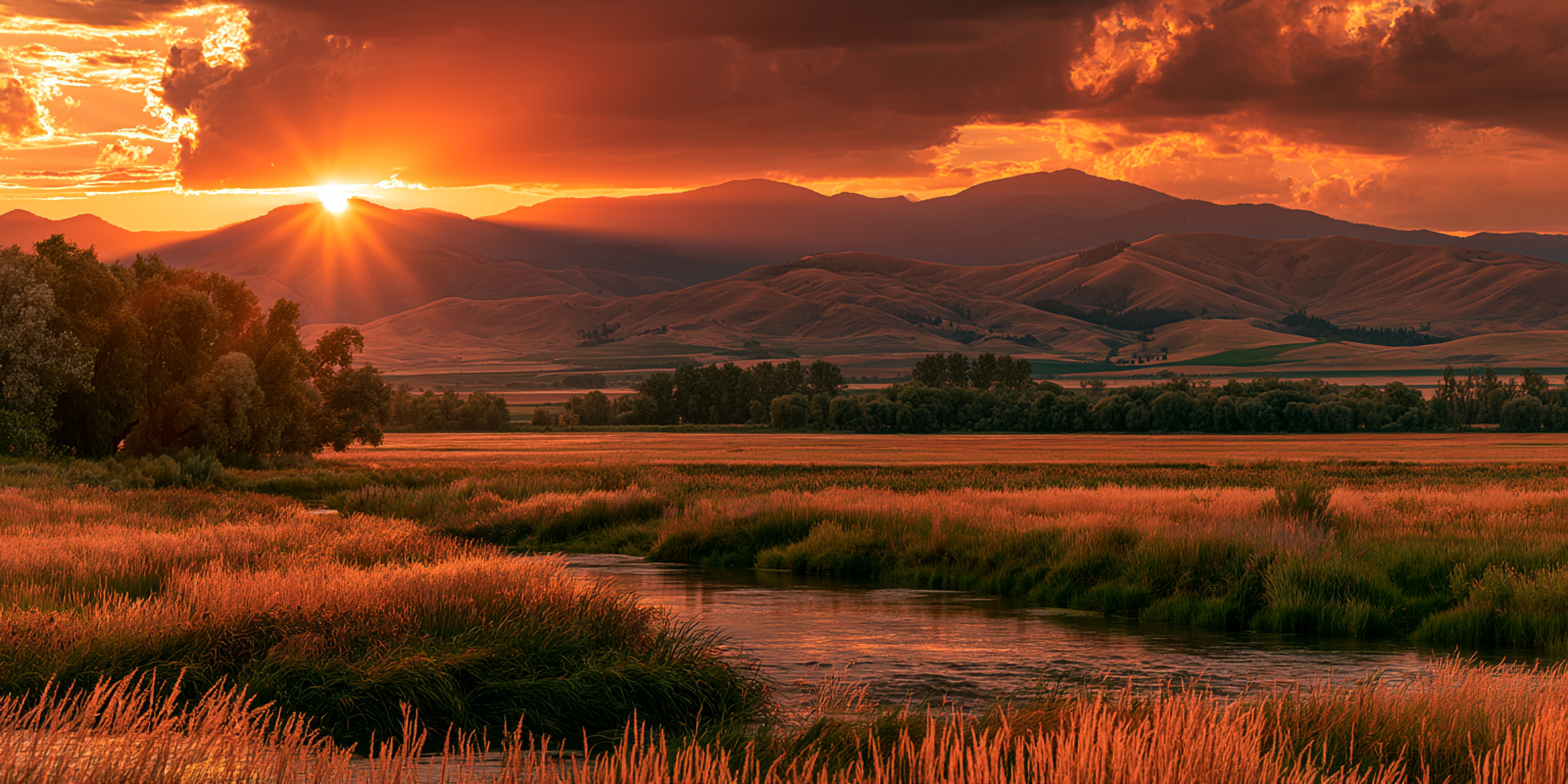 Texas ranch and river valley at sunset.