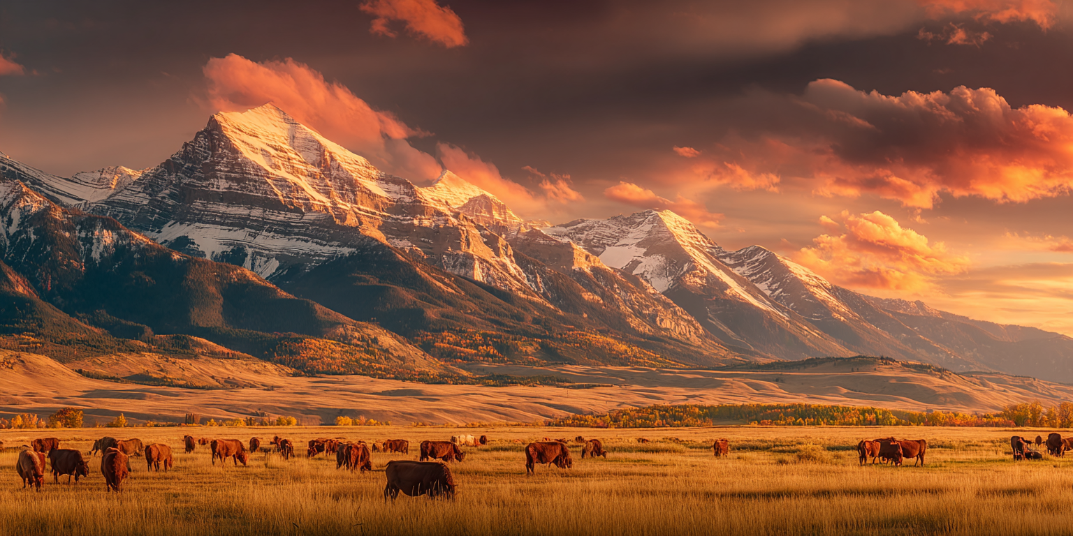 Snow-capped mountain range over open ranchland at sunset.